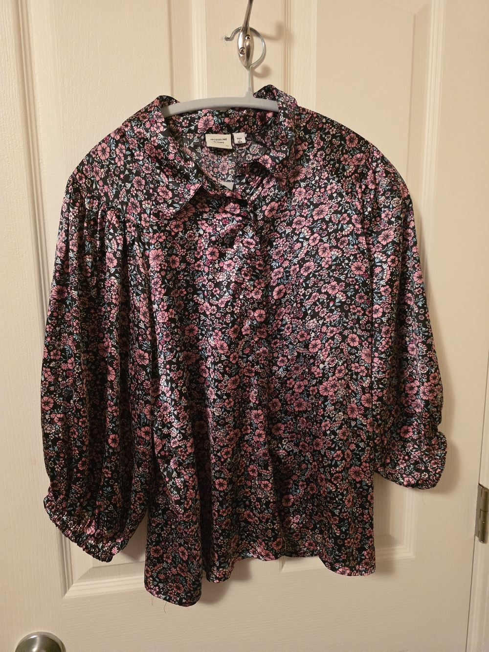 Black Floral Button-Up Blouse with Pink Print